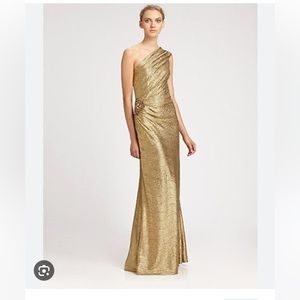David Meister one shoulder embellished gold gown